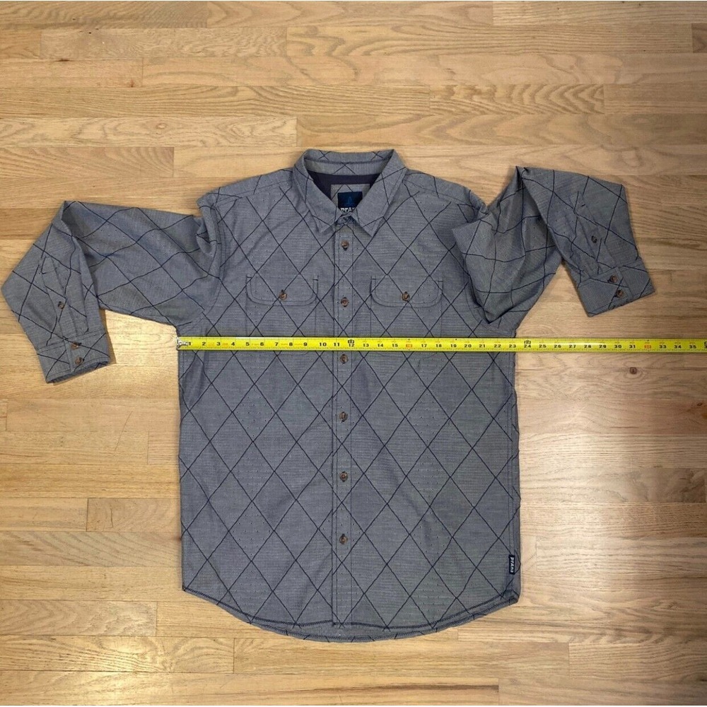 prAna Gray Cotton Blend Diamond Stripe Pattern Button Up Casual Shirt Men's L - Picture 11 of 11